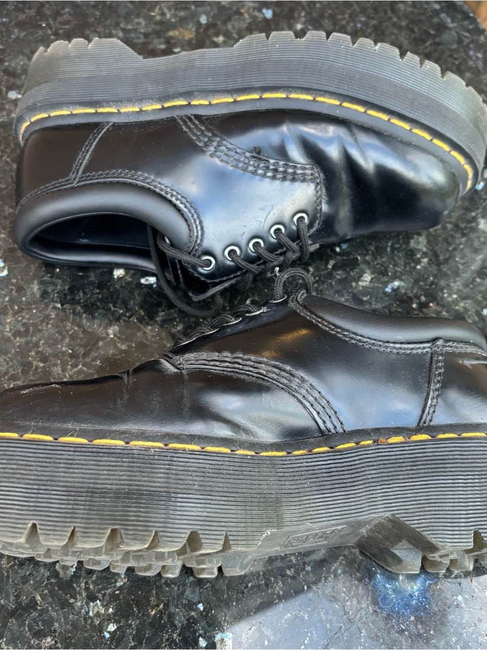 Dr. Martens Black Leather Lace-Up Platform Oxfords with Yellow Stitching - Picture 11 of 12